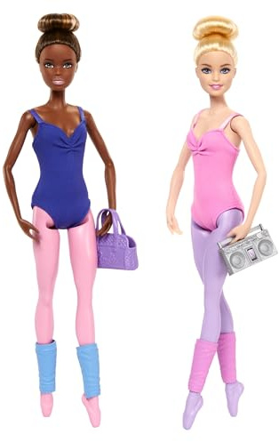 Barbie Coffret Barbie Salle de Ballet, avec 2 poupées et 9 accessoires, poupées ballerines blonde et brune avec tenue supplémentaire et accessoires sur le thème de la danse, HXC37