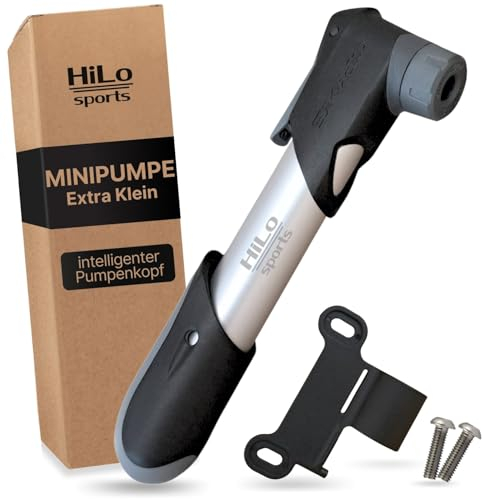 HiLo sports Mini Fahrradpumpe für alle Ventile- [Intelligenter Pumpenkopf] - Automatischer Ventil Wechsel - 6 Bar Mini Luftpumpe - Fahrradpumpe Klein mit Rahmenhalterung & Schrauben (Silber-Schwarz)