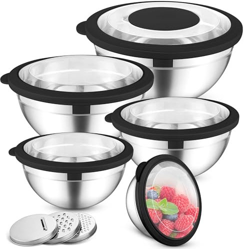 HaWare Rührschüssel 5er Set, Edelstahl Schüssel Salatschüssel Set mit Transparenten Luftdichten Deckeln & 3 Reibenaufsätzen zum Kochen Backen, 4,5L/2,8L/1,5L/1,2L/0,7L, Spülmaschinenfest, Schwarz