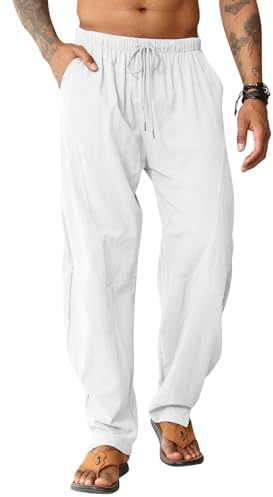 EDITCOZY Pantaloni Lino Uomo Pantalone da Spiaggia Sciolti Hippy Harem Pantaloni Elastico Cotone Lunghi Pantalone Yoga Bianco L