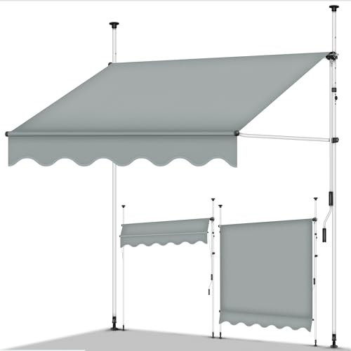 Toldo de gancho Tillvex 350 cm color gris claro con manivela manual para balcón | Toldo para balcón sin perforación | Toldo resistente a los rayos UV y ajustable en altura | Protección solar