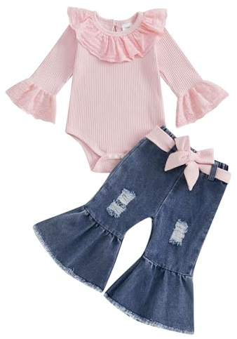 XIXIMAON - Tutina per neonata e bambina, stagione autunnale, a maniche lunghe, scollo arrotondato, costine, pagliaccetto con ruches, jeans a zampa larga sfilacciati, pantaloni in denim, cintura con