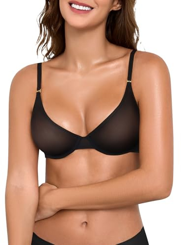 UMIPUBO Bras for Women Push Up Sheer Bra Minimiser Ladies Underwired Invisible Unpadded Bralettes Seamless Plunge V Neck Mesh See Through Sexy Soft Comfort Lingerie Adjustable Straps (Black, 36B)
