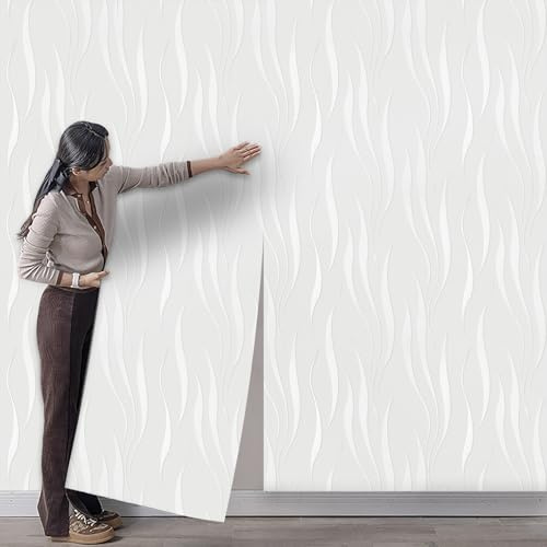 Takezuaa White 3D Embossed Wallpaper Non-Woven Wave Stripes Roll Silver Glitter Textured Wall Paper for Livingroom Bedroom Hallway Kitchen Front Room