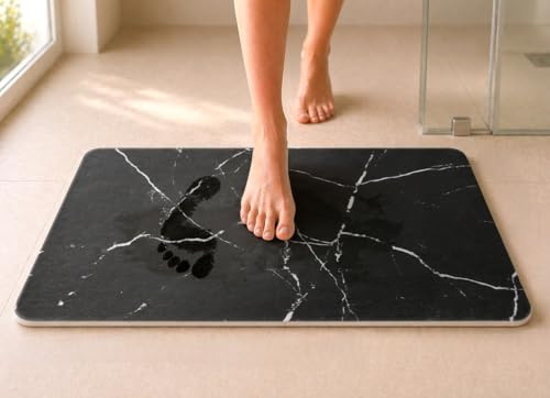 edihome, Alfombra Diatomita Baño, 40x60 cm, Piedra de Secado Rápido, Antideslizante, con Lija, Alfombrilla Rígida Absorbente, Antimoho, para Ducha y Baño (Mármol Negro)
