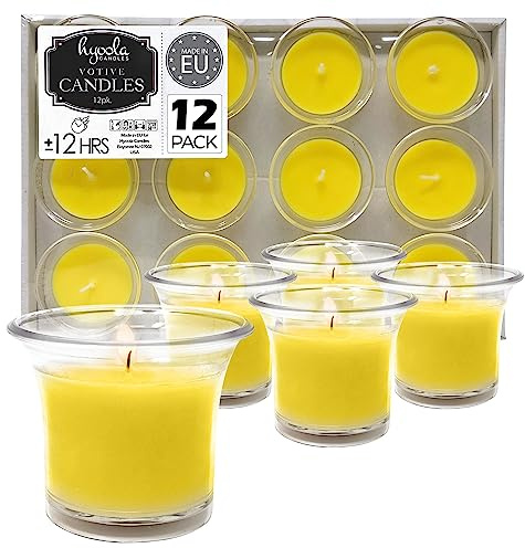 Hyoola Velas votivas de citronela con relleno de taza, 12 horas de combustión, paquete de 12, ideales para repeler insectos, fabricado en Europa