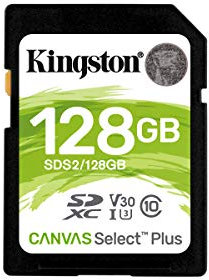 Kingston Tarjeta de Memoria SDHC Canvas Select Plus de 128 GB, Clase 10 UHS-I U1 V10 de 100 MB/s con Embalaje Libre de frustración (SDS2/128GBET)