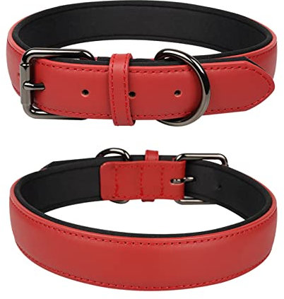 OFHome Dog Collar Leather Red Soft Padded Comfortable Adjustable Strong Pet Collars Best for Small Medium Large Dogs with Heavy Duty Buckle (Red, S)