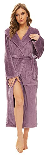 Mnemo Fleece Bademantel für Damen und Herren Langarm Morgenmantel Saunamantel mit Kapuze und Taschen, Pale Pinkish Grey, M