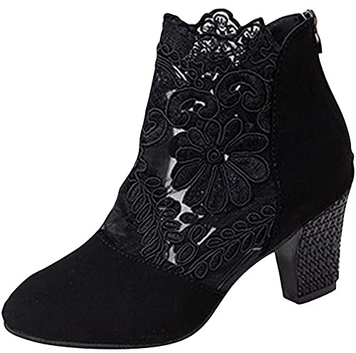 Bottine Femme à Talons, Bottes Femme Dentelle Transparent Vintage Chaussure Fille Confort Escarpins Talon Moyen Zipper Ankle Boots Pas Cher a la Mode