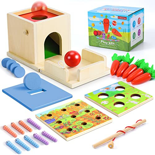 COOLJOY Montessori Spielzeug ab 2 Jahre Holzspielzeug 4 in 1 Montessori-Münzbox, Ball Drop, Wurmspielzeug Fangen, Karottenernte Lernspielzeug Geschenk für Kinder ab 2 3 4 Jahre