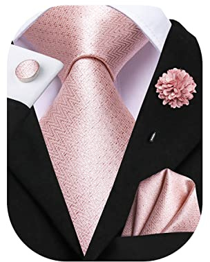 Hi-Tie Blush Pink Men's Tie and Lapel Pin Pocket Square Cufflinks Set Dress Necktie for Men Formal Ties