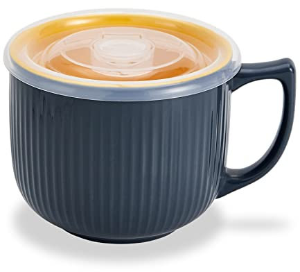 Tazón de sopa de cerámica con asa, 32 onzas, tazón para ramen para microondas con tapa, tazas de sopa y tazas para cereales, avena, ramen, fideos instantáneos, recipiente de sopa con tapa (gris)