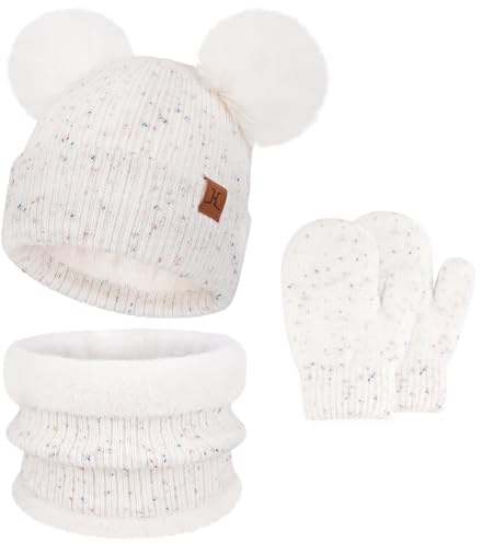 Enfants Bébés Hiver Bonnet Gants Tactiles Écharpe Ensemble Bonnet Pompon Moufles Cache-Cou avec Doublure Polaire pour 0-4 Ans Fille Garçon