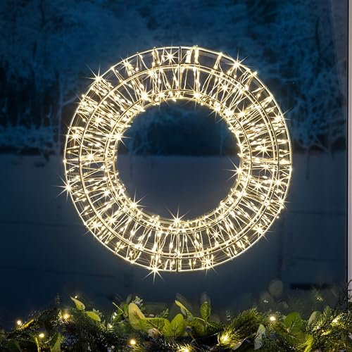 CHRISTOW Light Up Christmas Wreath 38cm, Metal Hanging Door Wall Decoration, 480 Warm White Micro LED, Mains Powered with Timer Function, Indoor Outdoor