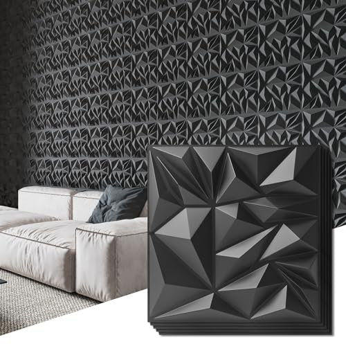Art3d Paquete de 33 paneles de pared 3D para decoración de interiores, paneles modernos con textura de diamante para juegos, sala de estar, fondo de TV, 30 x 30 cm, color negro