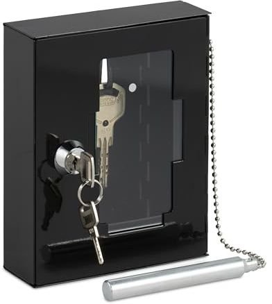 Relaxdays Cassette con Chiavi di Emergenza con Martelletto Rompivetro, Chiudibile, HLP: 15x12x5 cm, Vetro e Ferro, Nero