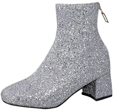 Wyongtao Damen Chunky Heels Ankle Boots Glitzer Stiefeletten mit Blockabsatz und Reißverschluss 6cm Absatz Pailletten Schuhe Stiefeletten mit mittelhohem Blockabsatz Party, Abschlussball