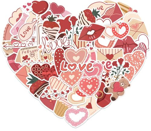 BETESSIN Love Sticker Valentinstag - 50 Stück Aesthetic Stickers mit Liebe & Herz Motiven - Wasserfeste Vinyl Aufkleber für Laptop, Telefon, Kindle, Koffer, Scrapbook, Fotoalben usw.