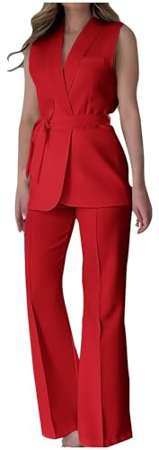 Mrat Conjunto de Chaleco y Pantalón para Mujer Trajes de 2 Piezas Conjunto Damas Elegante Traje Blazer Chaleco Sin Mangas con Cinturón Pantalones de Pierna Ancha Traje de Trabajo de Oficina de