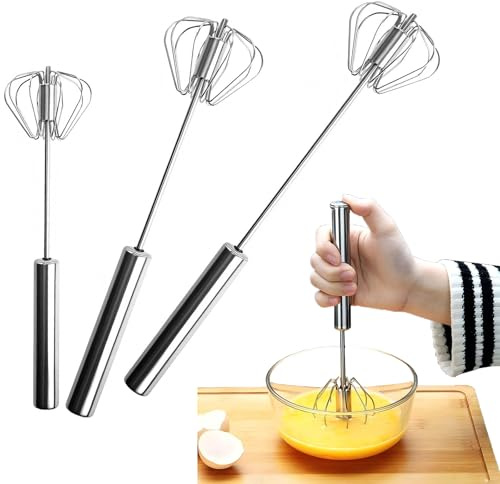 3 Pack Stainless Steel Egg Whisk, Hand Push Rotary Whisk Blender, Versatile Easy Whisk, Hand Push Mixer Stirrer for Beating Eggs, Frothing Milk, Blending, Mixing, Whipping Smoothies & Shakes