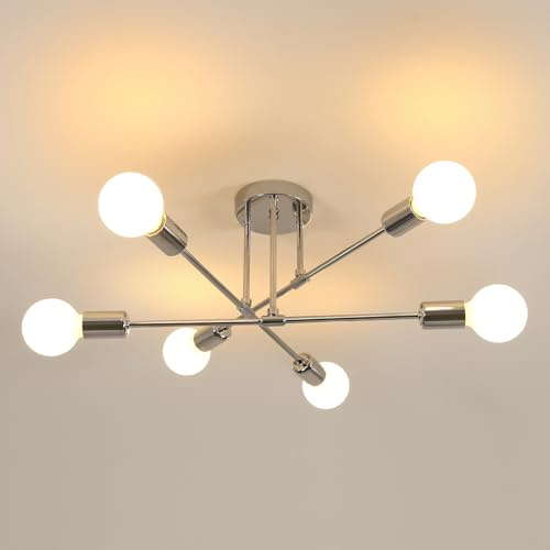 Goeco Lámparas Colgantes Sputnik Vintage, 60 cm Lampara de Techo Industrial con 6 E27 Portalámparas, Plafon Techo de Metal para Salón Dormitorio Cocina Pasillos, Cromo