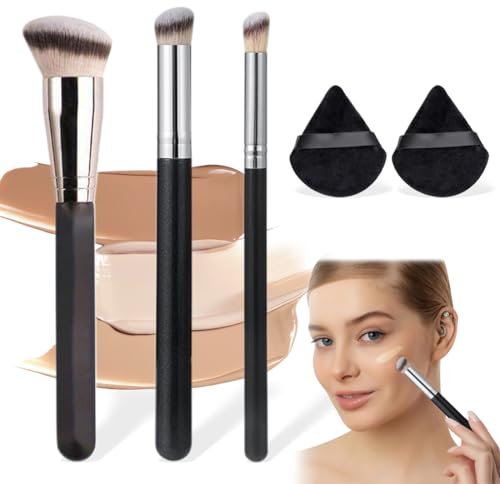 Set de Brochas de Maquillaje, 3 Piezas Set Brocha Base Maquillaje con 2 Borla de Polvo, Funciona Con Líquido, Esmalte, Crema, Rubor y Polvos Fijadores