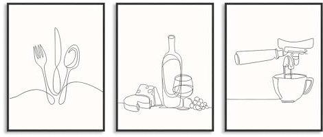 Dazzlewall 3Pcs Minimalist Line Kitchen Wall Art Decor, Black and White Abstract Line Wall Art Prints for Dining Room Coffee Bar Living Room Decor 12x16 in Unframed