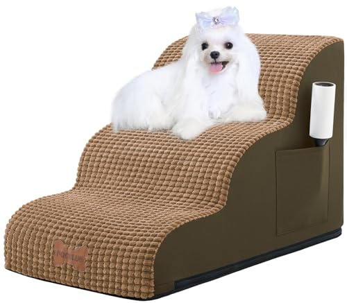 Hundetreppe für kleine Hunde, breite Haustierstufe mit abnehmbarem Bezug, keine Montage, hochdichter Schaumstoff-Katzenrampe für Bett oder Sofa, 3-stufig, Hellbraun