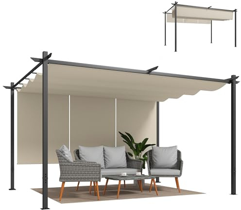 Outsunny Pérgola de Jardín 4x3 m con Techo Retráctil y 3 Laterales Enrollables, Cenador de Jardín Montado en Pared o Independiente, con UPF30+, Estructura Metálica, Pabellón para Exterior, Beige