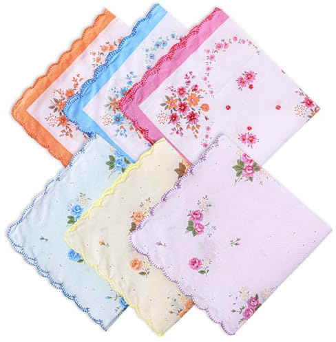 6 Pieces Ladies' Vintage Floral Handkerchiefs, Cotton Handkerchiefs for Wom