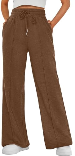 Yutdeng Pantalones Anchos Mujer Jogger Pantalón Chándal con Bolsillos Cordón Cintura Elasticos Casual Frescos Palazzo Pantalon Ancho Mujer Largo Deporte Yoga Correr Pijama Comodos,Marrón,XL