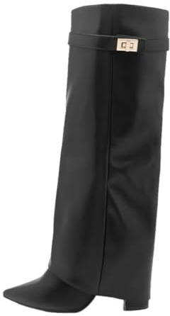 ticticlily Bottes à Revers Femme Mollets Larges Bottines Hiver Cowboy Boots Hautes pour Bureau Mariages B Noir 39 EU