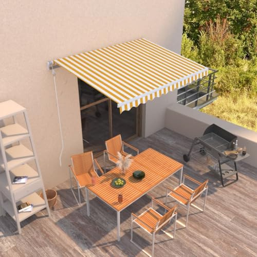 Toldo con brazo articulado, retráctil automático, 300 x 250 cm, color amarillo y blanco, para exteriores, terraza, balcón, fácil montaje sin taladrar