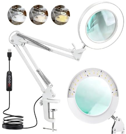 Lampada con Lente di Ingrandimento LED 10X, Lampada Lente LED con 3 Modalità di Colore e Luminosità Regolabile, Braccio Orientabile e Morsetto in Alluminio per Lettura Lavori di Precisione, Bianco