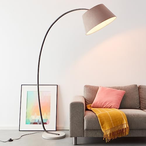 Lightbox Stehlampe mit dekorativen Stoff-Schirm - 196 cm Höhe x 50 cm Breite - Bogen Standleuchte mit Fußschalter und schwenkbarem Kopf - E27 Fassung - aus Beton/Metall/Textil in Taupe