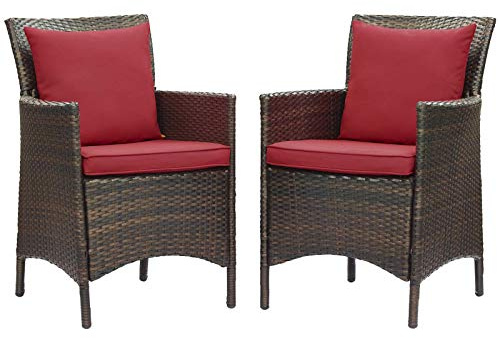 Conduit Outdoor Patio Wicker Rattan Dining Armchair Set of 2 in Brown Red