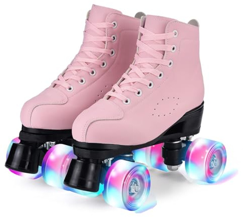 YUDOXN Pattini a 4 ruote, pattini paralleli con ruote luminose, top alto classico, pattini a rotelle per adulti, bambine, bambini e principianti, taglia 37-43 (rosa, 37)