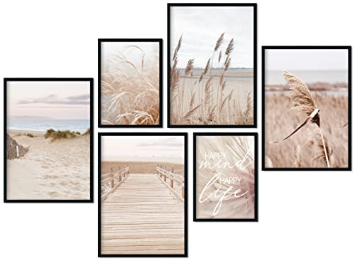 CreativeRobin » Pampasgras, Berge & Strand « Premium Poster-Set als Wohnzimmer Deko | 4x A3 + 2x A4 Wandbilder Collage