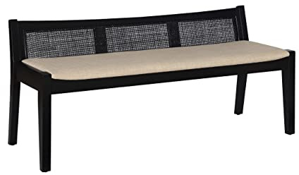 Powell Kasi Black Low Back Cane Bench with Beige Upholstered Seat