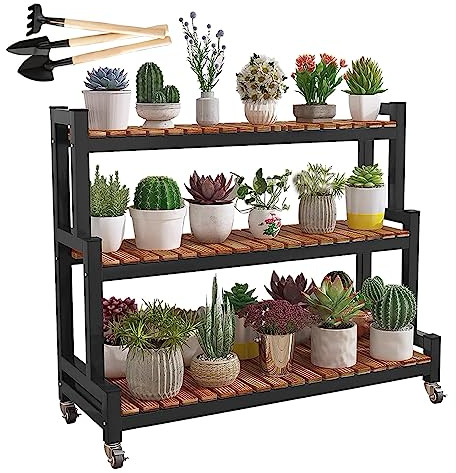 LIGUOYI Scaffale Portavasi Legno con Struttura di Metallo, 2 Ripiani 3 Ripiani Stand per Piante Fioriera Mobile per Piante con Ruote Facile da Spostare per Balcone Interni Esterno Giardino