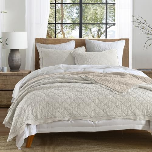 HORIMOTE HOME 100% Linen Front/100% Cotton Back Quilt Set Queen Size, Beige Pre-Washed European Flax Linen Quilt, Diamond Stitch Bedspread Coverlet Bedding Set 3-Piece for All Seasons