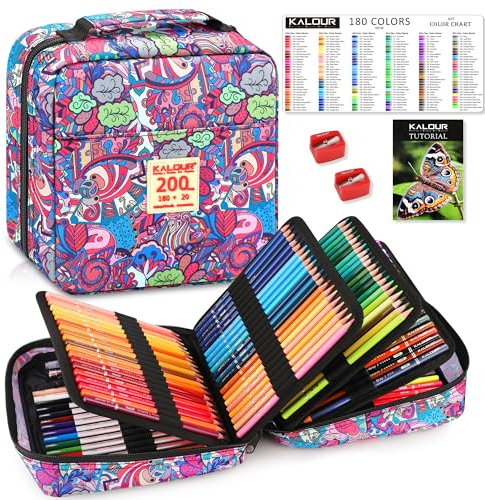 KALOUR PDAS 200 Buntstifte-Set für Erwachsenen-Malbücher mit Tutorial und Farbtabelle, 180 Buntstifte, 12 Aquarellstifte, Kunstbedarf, Geschenk, tragbares Etui mit Reißverschluss
