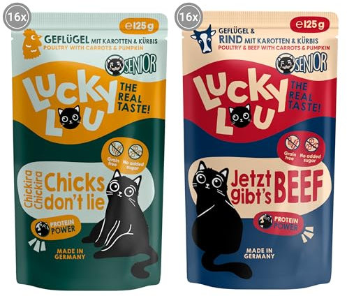 Lucky Lou Lifestage Senior Geflügel & Rind Mix-Paket Katzenfutter nass - hochwertiges Katzenfutter mit viel Protein - Nassfutter getreidefrei & ohne Zucker, 125g (32er Pack)