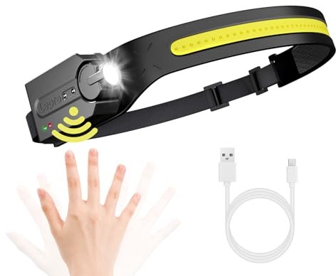 Lepro Stirnlampe, Superhelle Led Kopflampe, Wiederaufladbar mit 230° breitem Lichtkegel, Einstellbarem Scheinwerfer, Bewegungssensor, 5 Modi, Wasserdichte, leichte Stirnleuchte für Camping, Laufen