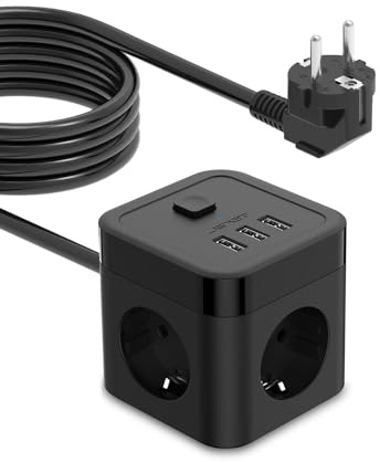 JSVER Regleta Enchufe Cube con USB de 3 Tomas(3680W/16A) con 3 USB Puertos 15,5W Alargadera Electrica 5M Protección contra Sobretensiones para el hogar, la Oficina y los Viajes-Negro
