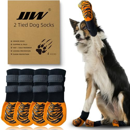 JJW Calcetines Antideslizantes para Perros con 2 Correas Ajustables para Suelos de Madera y Pavimentos Cálidos/Fríos, Anti-Lamido y Antideslizante, ¡Ideales para Proteger Las Patas (Naranja, XS)