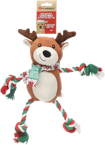Flamingo Perro Juguete – de Navidad – Vicente Reno marrón – 35 cm – Peluche con Cuerda de algodón y Squeaker – Juguete navideño