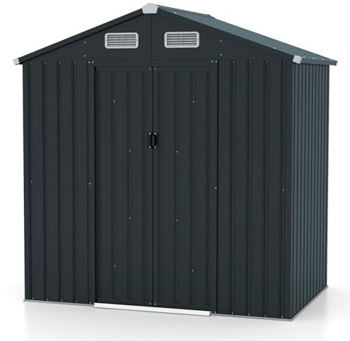 GOPLUS 4.26 m³ Cobertizo de Jardín Estanco con Puerta Corredera y Ventanas, 129 x 193 x 196 cm，Metal Galvanizado, Almacenamiento para Dispositivos, Herramientas de Jardinería