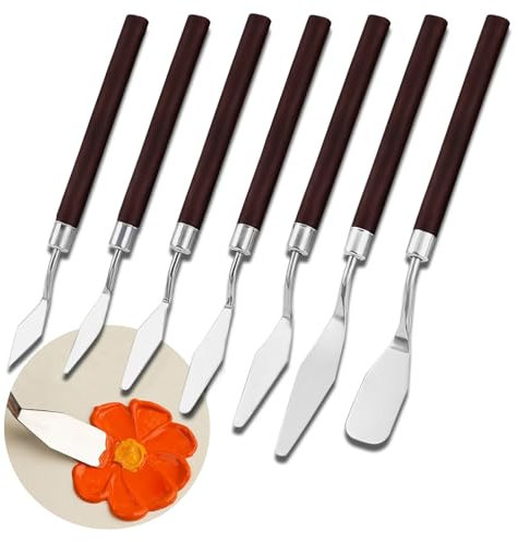 7 Pezzi Spatole per Pittura, Spatola per Pittori in Acciaio Inox, Spatole per Pittura Acrilica, con Manico in Legno Rosso, per Pittura a Olio, Gouache, Acquerello
